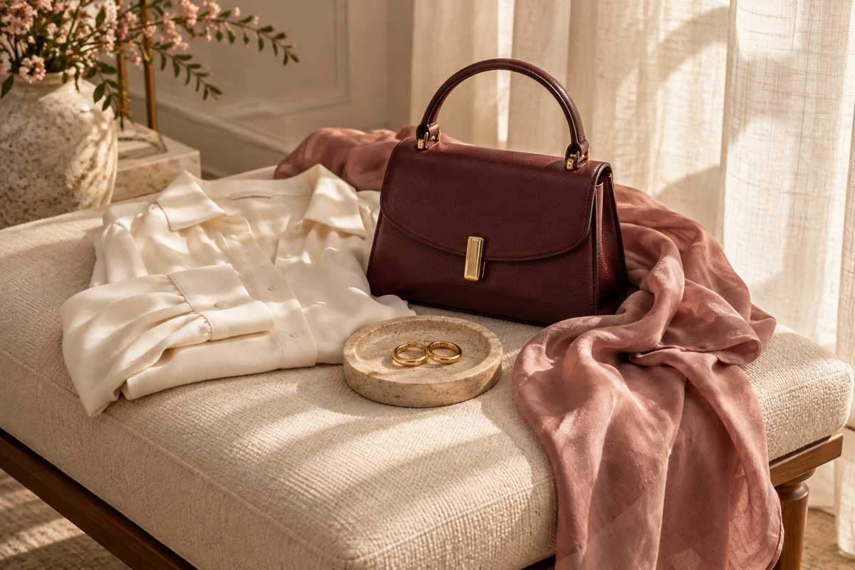 Inspiración de estilo Nuvora: bolso burdeos, blusa marfil, pañuelo rosa y pendientes dorados.