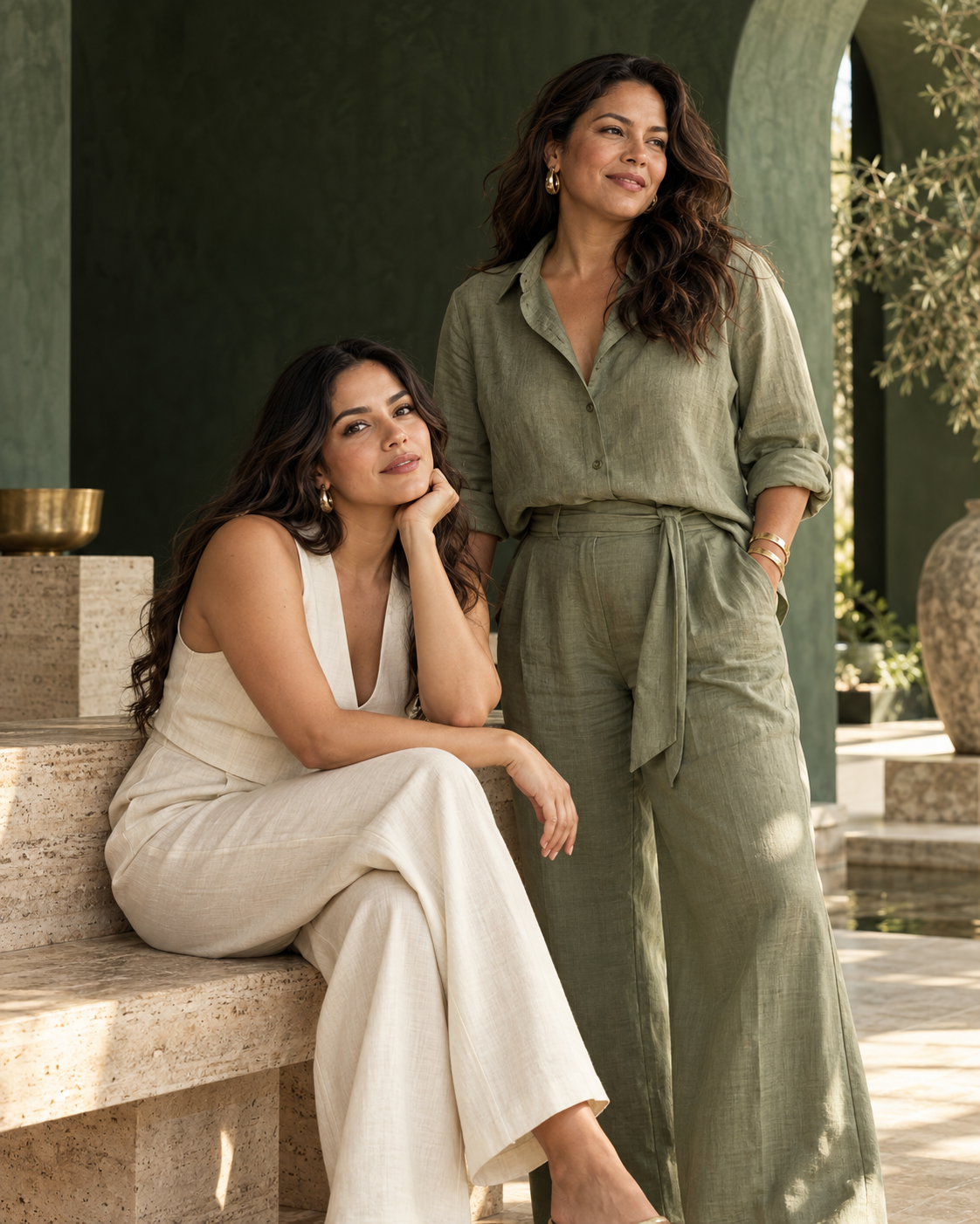 Campaña editorial de Nuvora con dos mujeres vestidas de marfil y verde.
